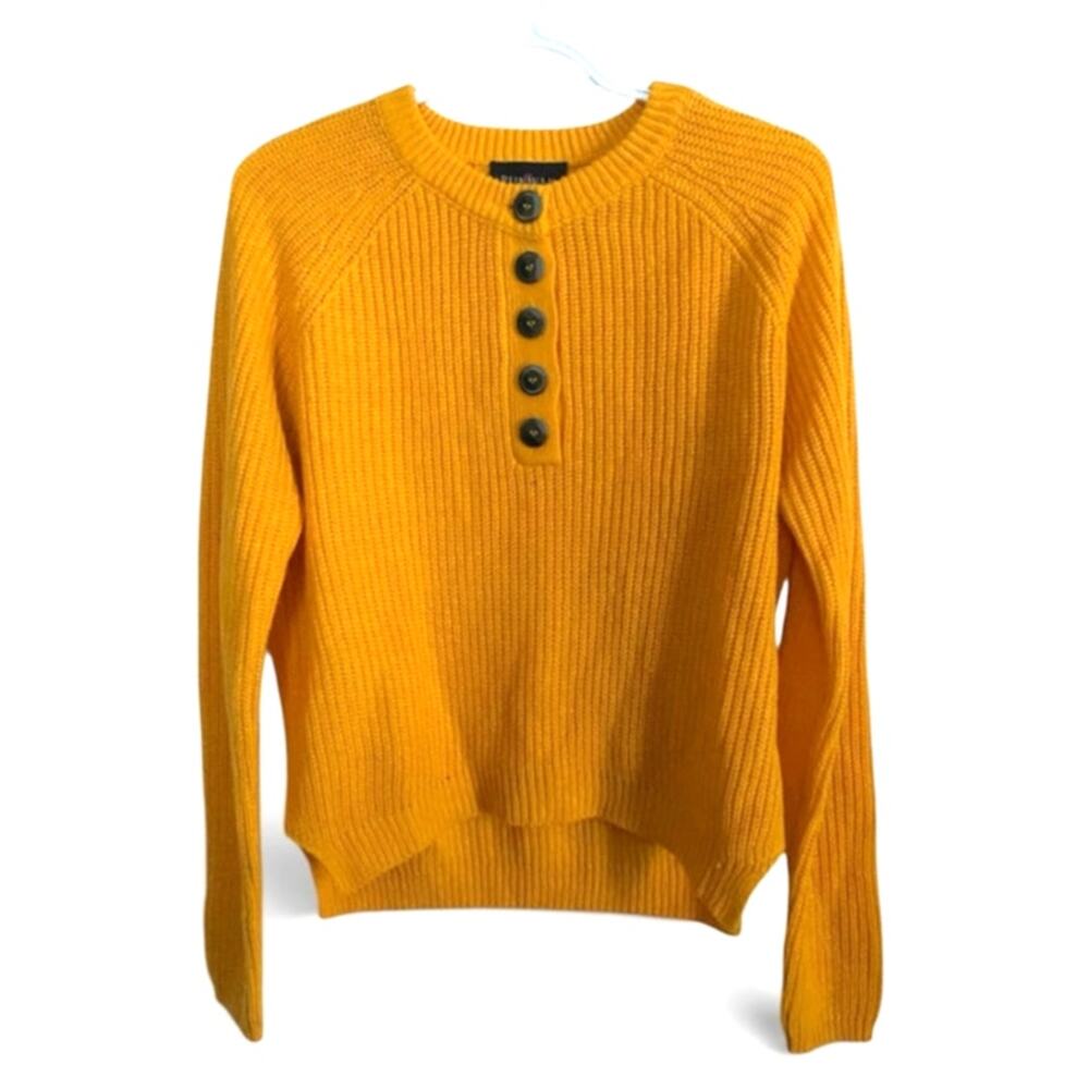 Runway 7 Women's Knit Sweater Medium Bright Mustard Yellow 1/2 Button Up Hi Low